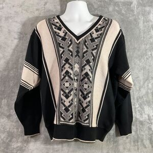 Vintage Gabicci Italy Wool blend V-Neck Knit Jumper size L V-Neck Black tan golf